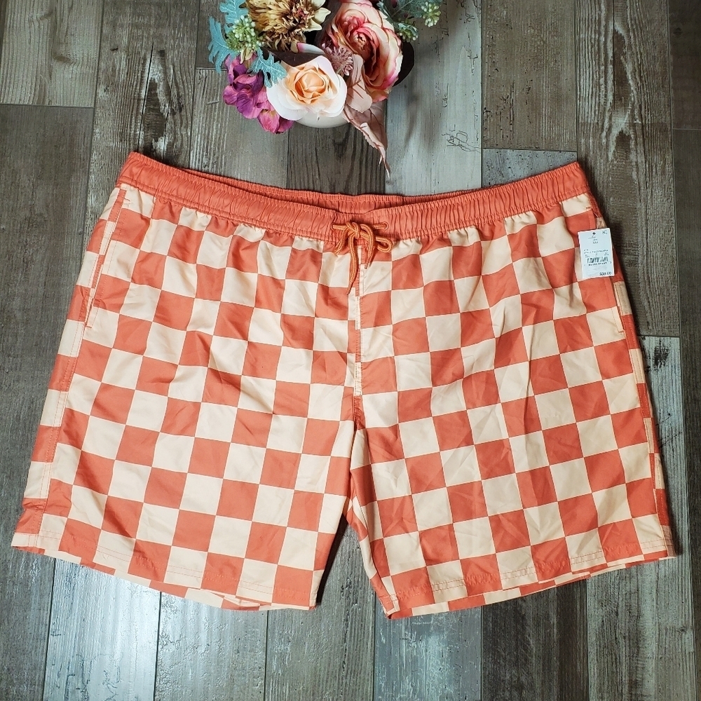 NWT Mad Engine Men's Orange Checked Swim Trunks Size XXL